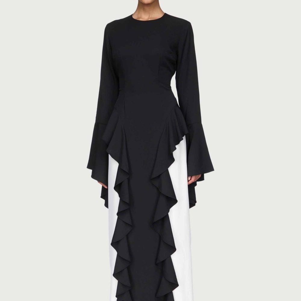 Black & White Long Sleeve Ruffle Maxi Dress